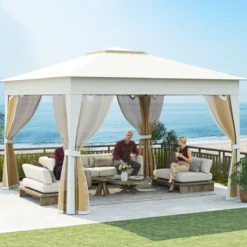 3,4 x 3,4 m Pop Up Faltpavillon mit 4 Moskitonetz & Doppeldach Gartenpavillon inkl. Tragetasche Beige