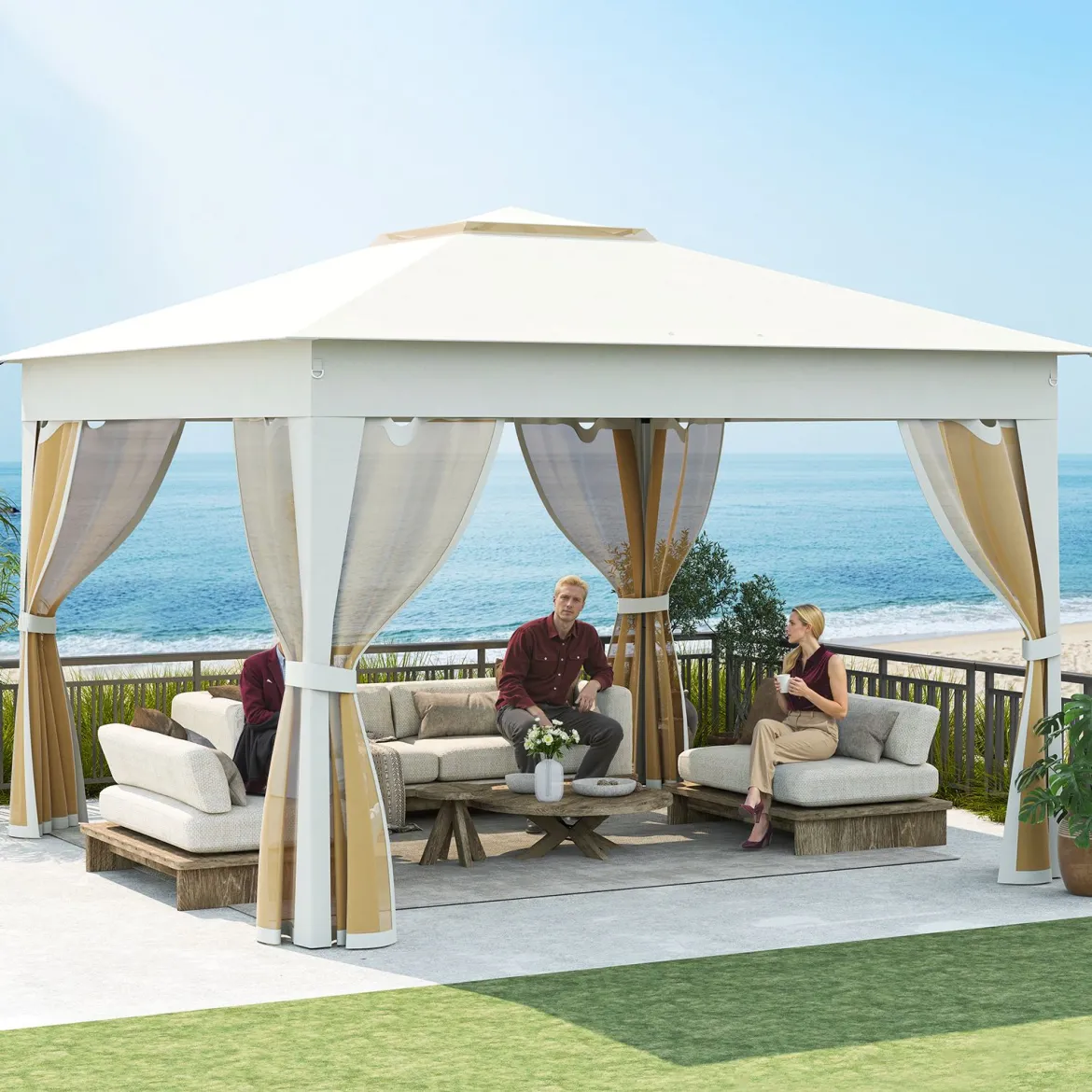 3,4 x 3,4 m Pop Up Faltpavillon mit 4 Moskitonetz & Doppeldach Gartenpavillon inkl. Tragetasche Beige