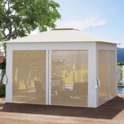 3,4 x 3,4 m Pop Up Faltpavillon mit 4 Moskitonetz & Doppeldach Gartenpavillon inkl. Tragetasche Beige