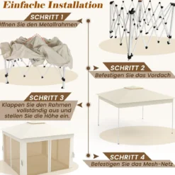 3,4 x 3,4 m Pop Up Faltpavillon mit 4 Moskitonetz & Doppeldach Gartenpavillon inkl. Tragetasche Beige