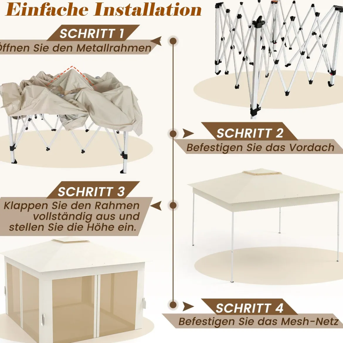3,4 x 3,4 m Pop Up Faltpavillon mit 4 Moskitonetz & Doppeldach Gartenpavillon inkl. Tragetasche Beige