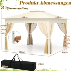 3,4 x 3,4 m Pop Up Faltpavillon mit 4 Moskitonetz & Doppeldach Gartenpavillon inkl. Tragetasche Beige