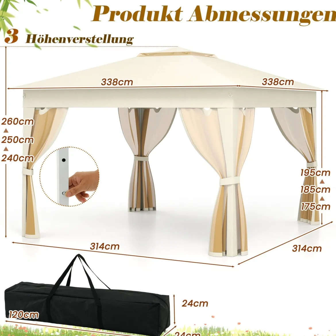 3,4 x 3,4 m Pop Up Faltpavillon mit 4 Moskitonetz & Doppeldach Gartenpavillon inkl. Tragetasche Beige