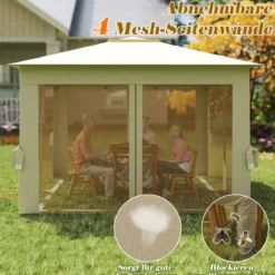 3,4 x 3,4 m Pop Up Faltpavillon mit 4 Moskitonetz & Doppeldach Gartenpavillon inkl. Tragetasche Beige