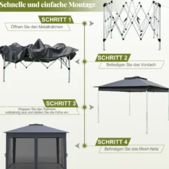 3,4 x 3,4 m Pop Up Faltpavillon mit 4 Moskitonetz & Doppeldach Gartenpavillon inkl. Tragetasche Grau