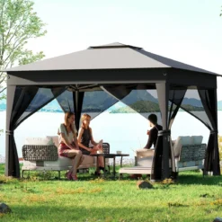 3,4 x 3,4 m Pop Up Faltpavillon mit 4 Moskitonetz & Doppeldach Gartenpavillon inkl. Tragetasche Grau