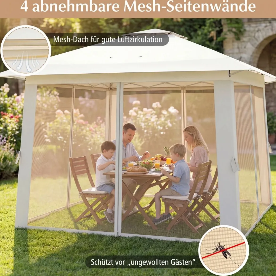 4 x 4 m Pop Up Faltpavillon mit 4 Moskitonetz & Doppeldach Gartenpavillon inkl. Tragetasche Beige