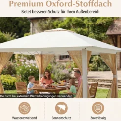 4 x 4 m Pop Up Faltpavillon mit 4 Moskitonetz & Doppeldach Gartenpavillon inkl. Tragetasche Beige