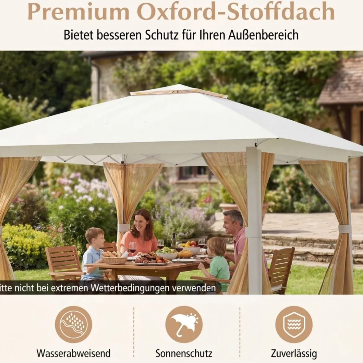 4 x 4 m Pop Up Faltpavillon mit 4 Moskitonetz & Doppeldach Gartenpavillon inkl. Tragetasche Beige