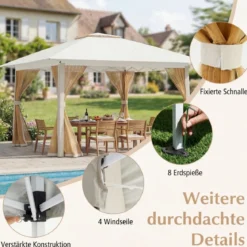 4 x 4 m Pop Up Faltpavillon mit 4 Moskitonetz & Doppeldach Gartenpavillon inkl. Tragetasche Beige