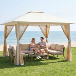 4 x 4 m Pop Up Faltpavillon mit 4 Moskitonetz & Doppeldach Gartenpavillon inkl. Tragetasche Beige