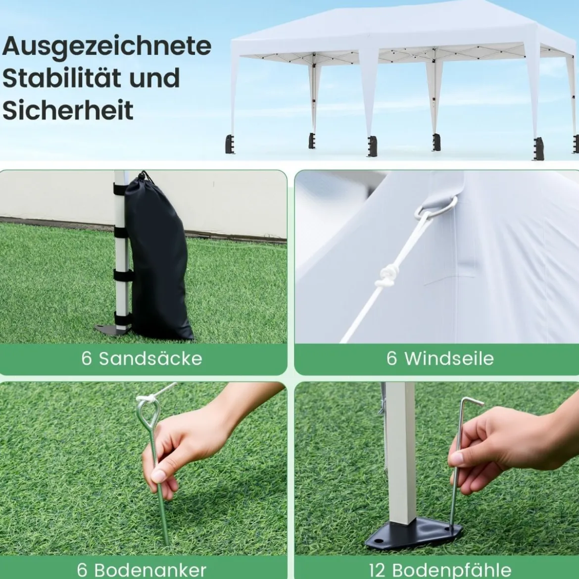 3 x 6 m Pop up Faltpavillon mit Tragetasche auf Rollen & UV Schutz 50+ Partyzelt Weiß