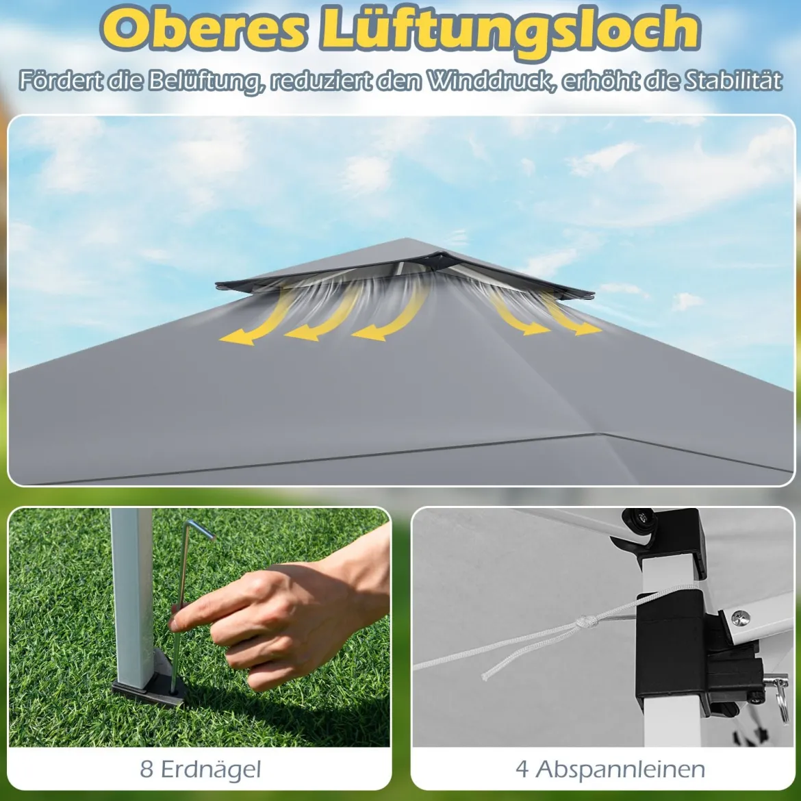 4 x 4 m Pop Up Pavillon Höhenverstellbarer Gartenpavillon mit Doppeldach & Metallrahmen Grau