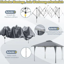 4 x 4 m Pop Up Pavillon Höhenverstellbarer Gartenpavillon mit Doppeldach & Metallrahmen Grau