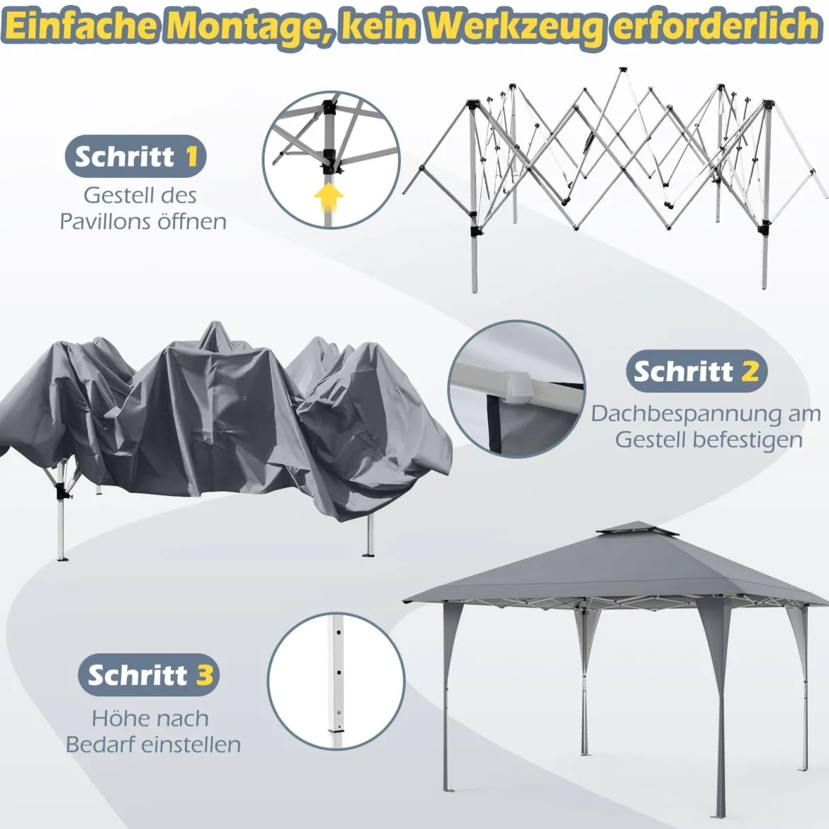 4 x 4 m Pop Up Pavillon Höhenverstellbarer Gartenpavillon mit Doppeldach & Metallrahmen Grau