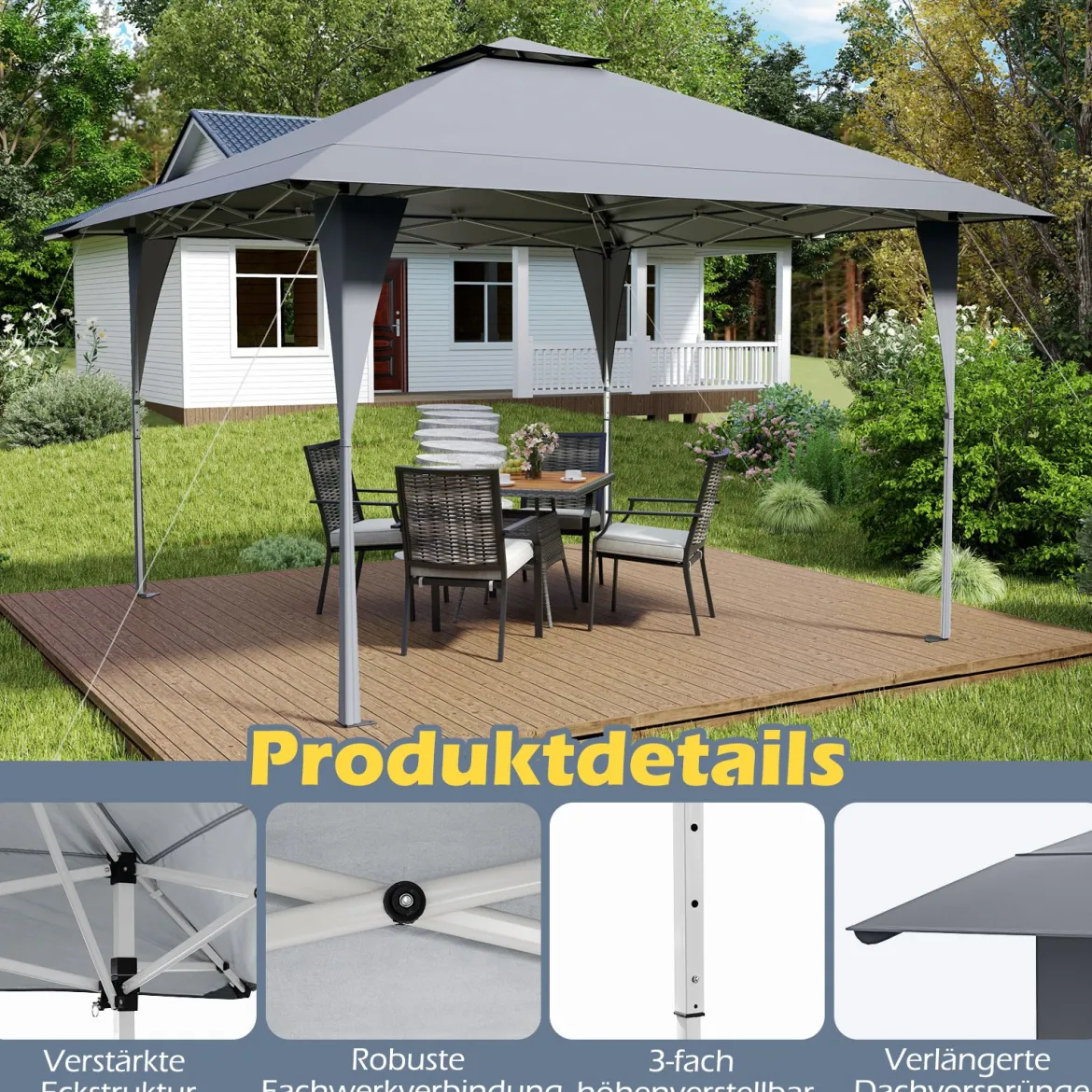 4 x 4 m Pop Up Pavillon Höhenverstellbarer Gartenpavillon mit Doppeldach & Metallrahmen Grau