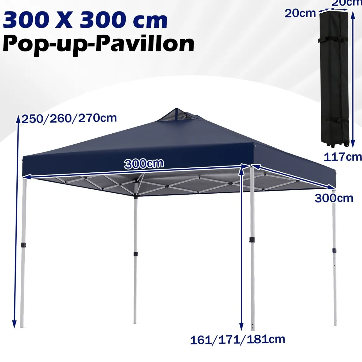 3 x 3 m Pop-Up Pavillon mit 4 Sandsäcken & Heringen & Seilen Faltpavillon Gartenpavillon Blau