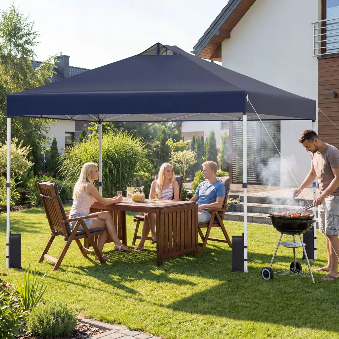 3 x 3 m Pop-Up Pavillon mit 4 Sandsäcken & Heringen & Seilen Faltpavillon Gartenpavillon Blau