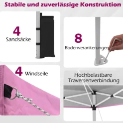 3 x 3 m Pop-Up Pavillon mit 4 Sandsäcken & Heringen & Seilen Faltpavillon Gartenpavillon Rosa