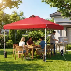 3 x 3 m Pop-Up Pavillon mit 4 Sandsäcken & Heringen & Seilen Faltpavillon Gartenpavillon Rot