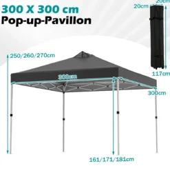 3 x 3 m Pop-Up Pavillon mit 4 Sandsäcken & Heringen & Seilen Faltpavillon Gartenpavillon Schwarz