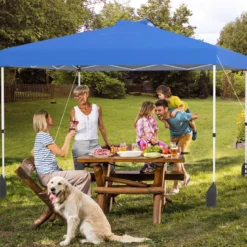 3 x 3 m Pop-up-Pavillon mit Seitenwand Tragbarer Gartenpavillon inkl. Schattenspender mit Rolltasche Blau