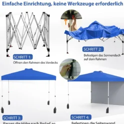 3 x 3 m Pop-up-Pavillon mit Seitenwand Tragbarer Gartenpavillon inkl. Schattenspender mit Rolltasche Blau