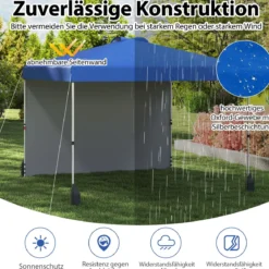 3 x 3 m Pop-up-Pavillon mit Seitenwand Tragbarer Gartenpavillon inkl. Schattenspender mit Rolltasche Blau