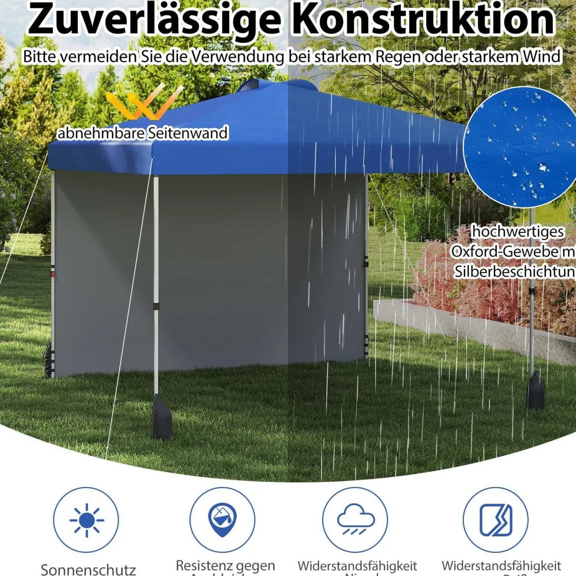 3 x 3 m Pop-up-Pavillon mit Seitenwand Tragbarer Gartenpavillon inkl. Schattenspender mit Rolltasche Blau