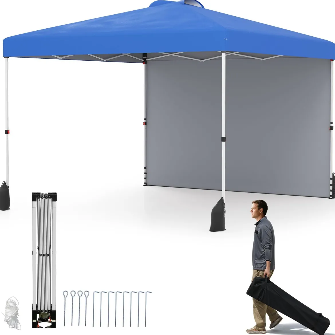 3 x 3 m Pop-up-Pavillon mit Seitenwand Tragbarer Gartenpavillon inkl. Schattenspender mit Rolltasche Blau