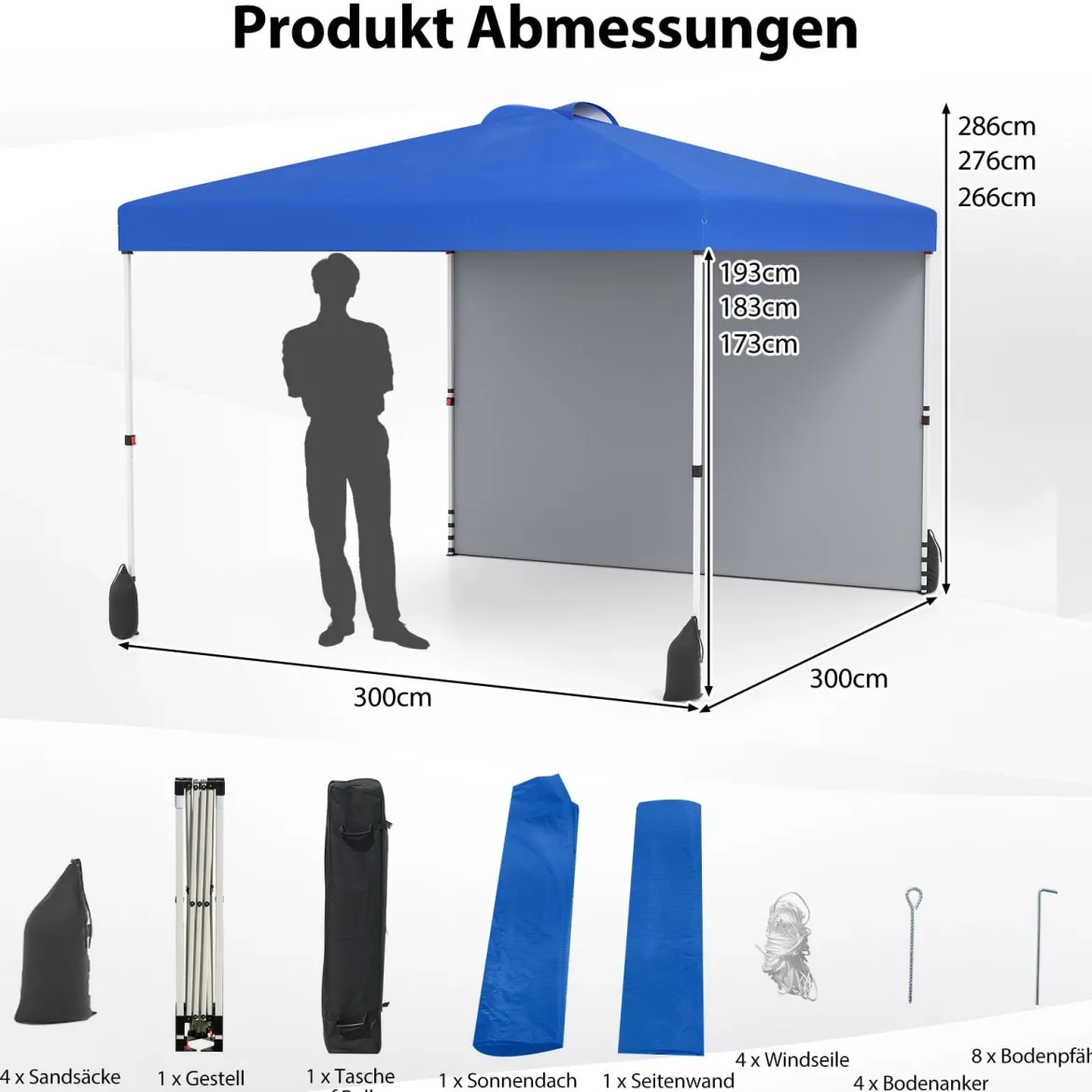 3 x 3 m Pop-up-Pavillon mit Seitenwand Tragbarer Gartenpavillon inkl. Schattenspender mit Rolltasche Blau
