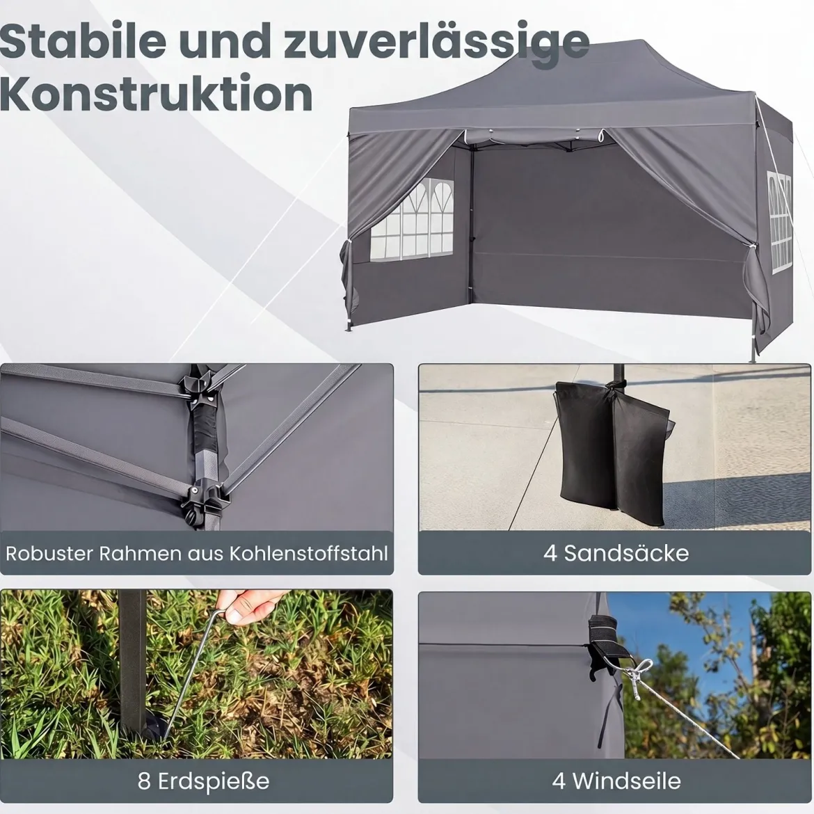 3 x 4,5 m Pop-up-Pavillon Wetterfester Faltpavillon mit 4 Seitenwänden Metallrahmen & Sandsäcken Weiß/Grau