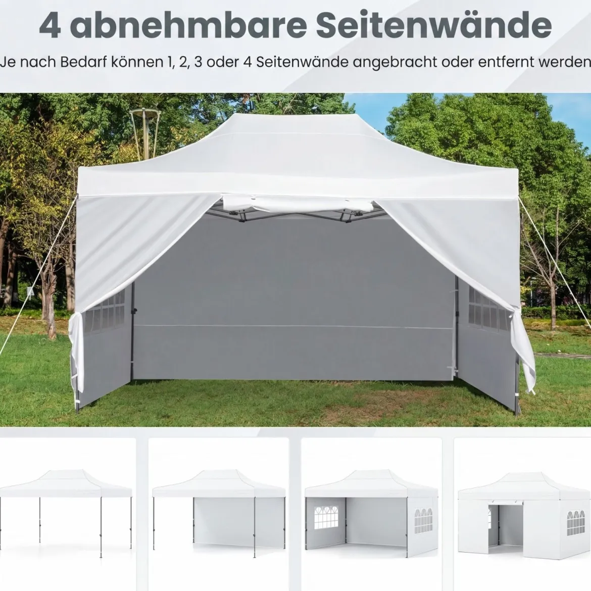 3 x 4,5 m Pop-up-Pavillon Wetterfester Faltpavillon mit 4 Seitenwänden Metallrahmen & Sandsäcken Weiß/Grau