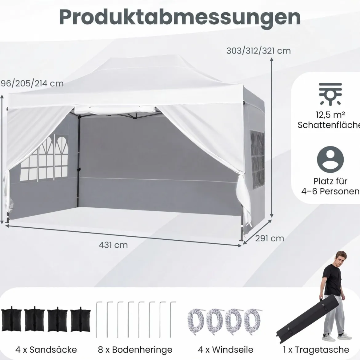 3 x 4,5 m Pop-up-Pavillon Wetterfester Faltpavillon mit 4 Seitenwänden Metallrahmen & Sandsäcken Weiß/Grau