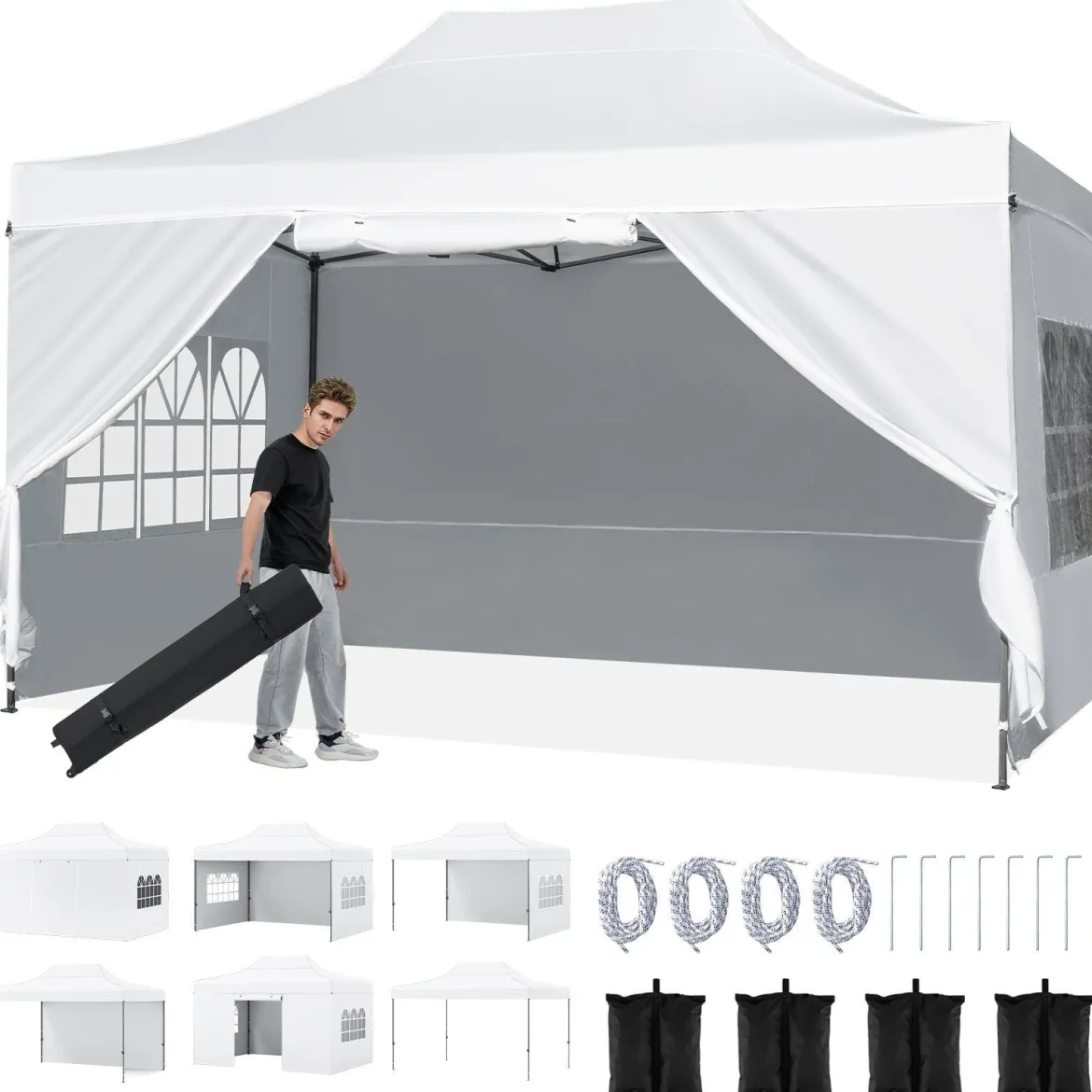 3 x 4,5 m Pop-up-Pavillon Wetterfester Faltpavillon mit 4 Seitenwänden Metallrahmen & Sandsäcken Weiß/Grau