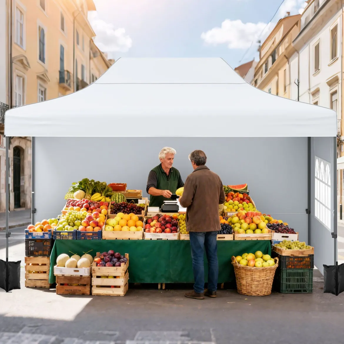 3 x 4,5 m Pop-up-Pavillon Wetterfester Faltpavillon mit 4 Seitenwänden Metallrahmen & Sandsäcken Weiß/Grau