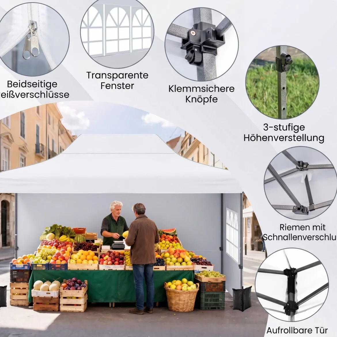 3 x 4,5 m Pop-up-Pavillon Wetterfester Faltpavillon mit 4 Seitenwänden Metallrahmen & Sandsäcken Weiß/Grau