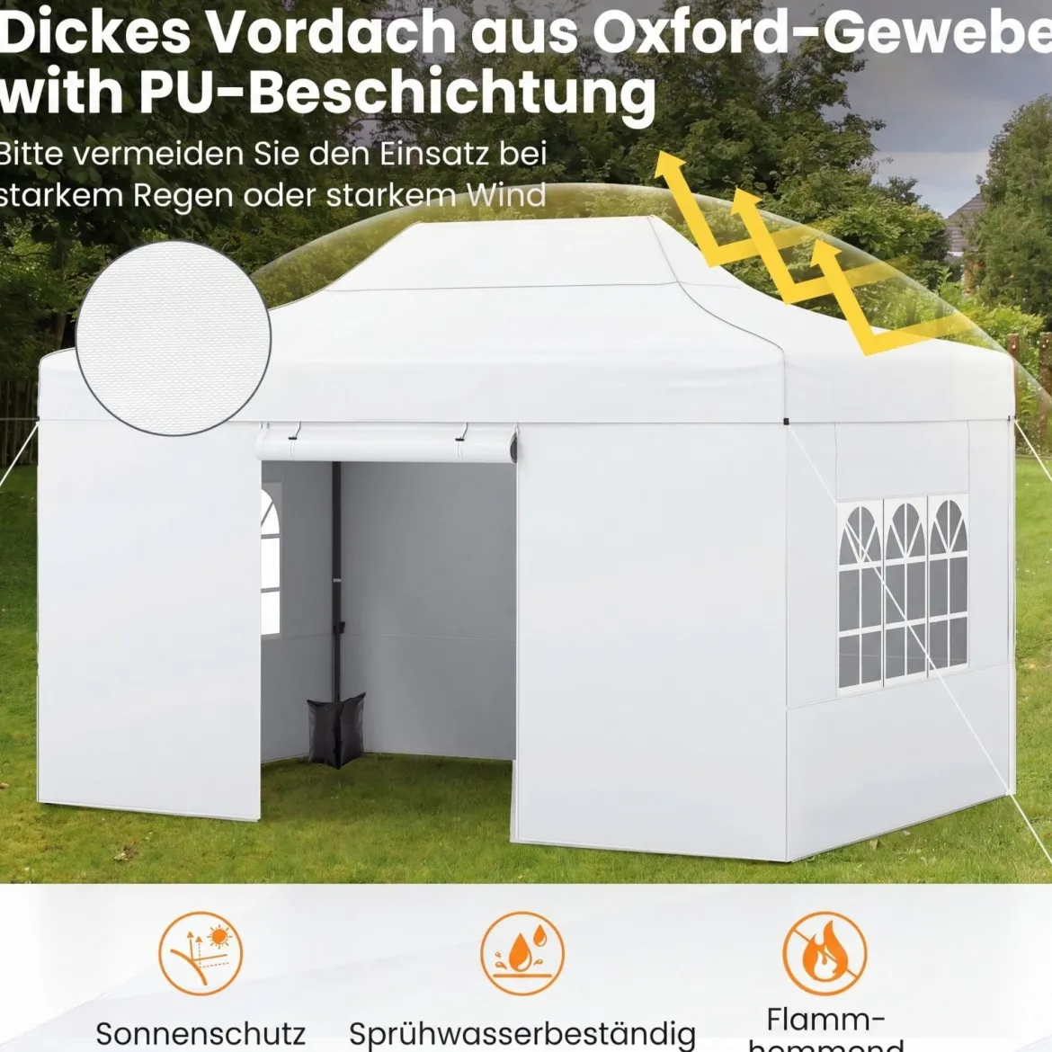 3 x 4,5 m Pop-up-Pavillon Wetterfester Faltpavillon mit 4 Seitenwänden Metallrahmen & Sandsäcken Weiß/Grau