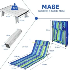 2 x Strandmatte mit Beistelltisch Verstellbares Liegestuhlset 151 x 55,5 x 27-47 Blau + Grün