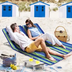 2 x Strandmatte mit Beistelltisch Verstellbares Liegestuhlset 151 x 55,5 x 27-47 Blau + Grün