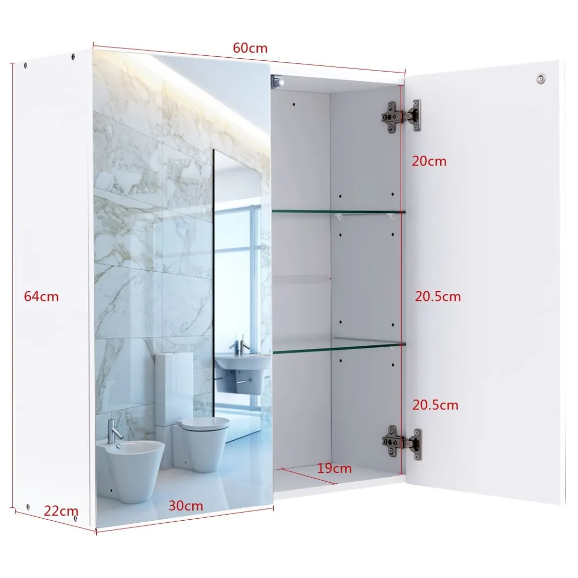 60 x 22 x 64 cm Badezimmerschrank Wandhängeschrank Spiegelschrank