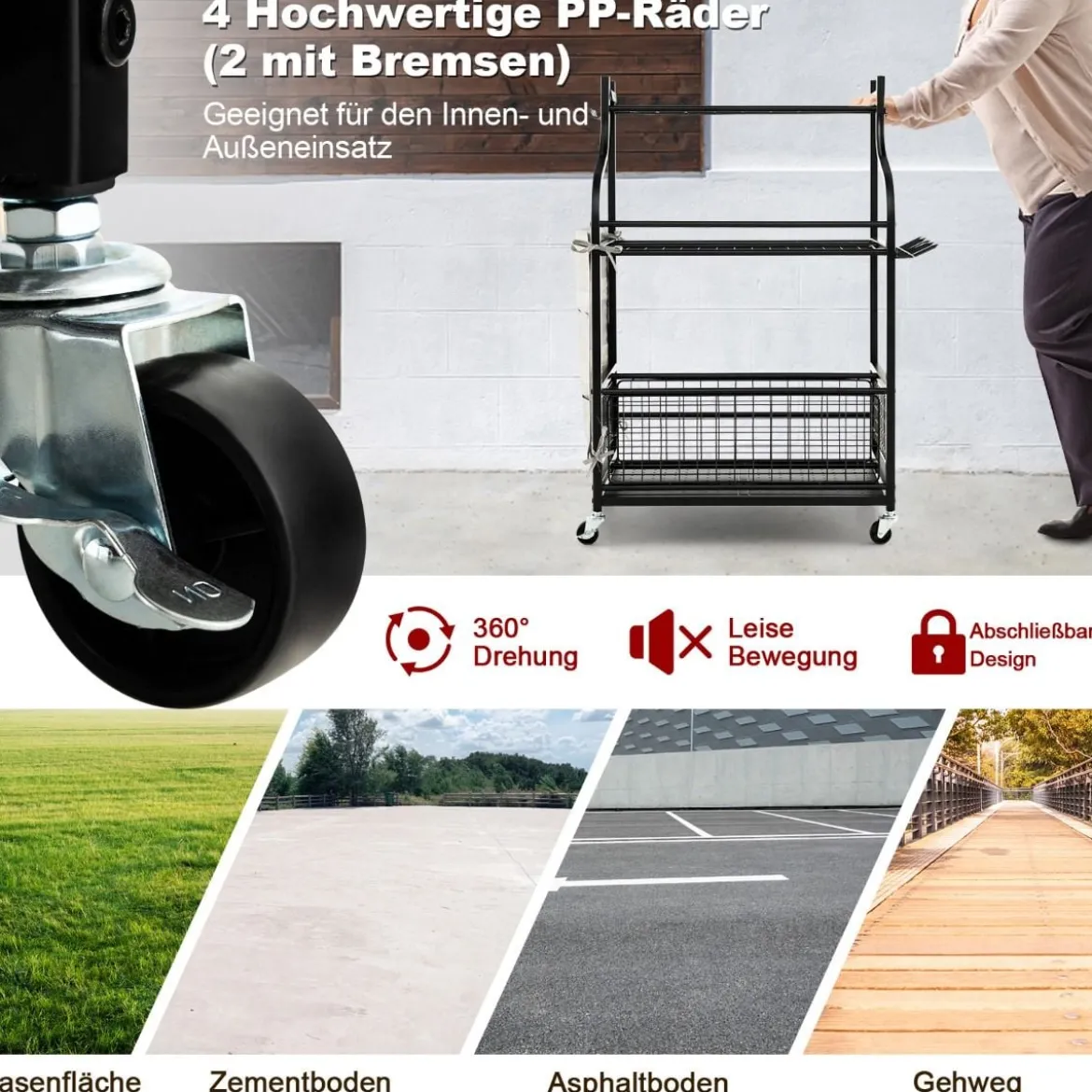 66 x 40 x 102 cm großer Werkzeughalter auf Rädern Werkzeugwagen für die Garage Geräteständer