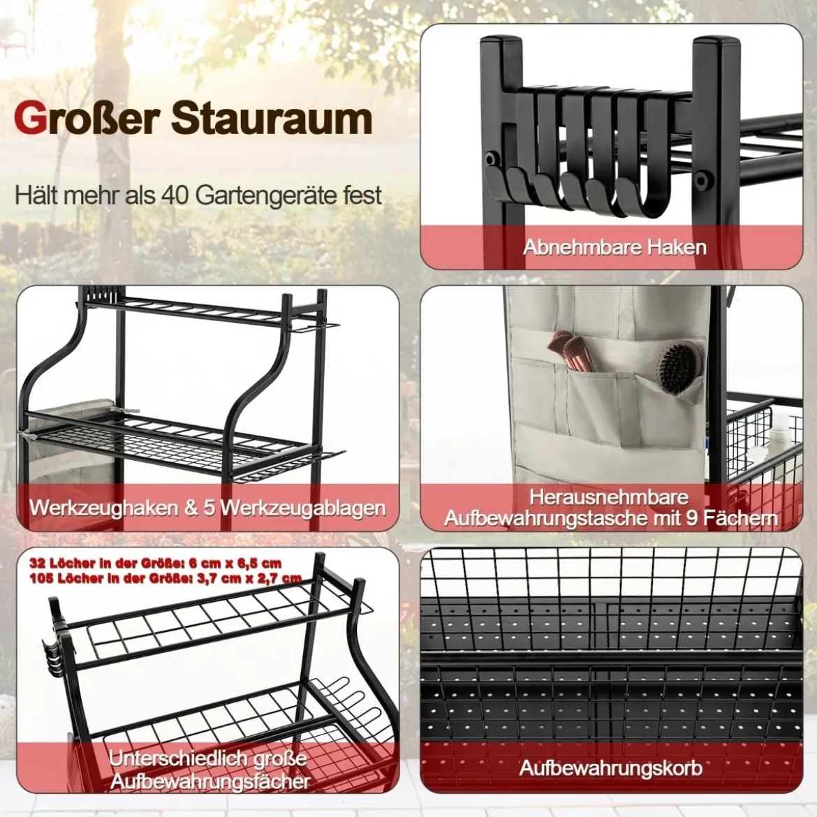66 x 40 x 102 cm großer Werkzeughalter auf Rädern Werkzeugwagen für die Garage Geräteständer