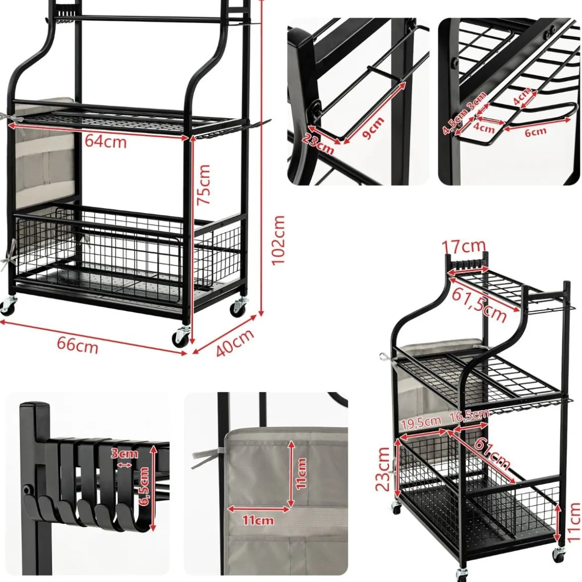 66 x 40 x 102 cm großer Werkzeughalter auf Rädern Werkzeugwagen für die Garage Geräteständer