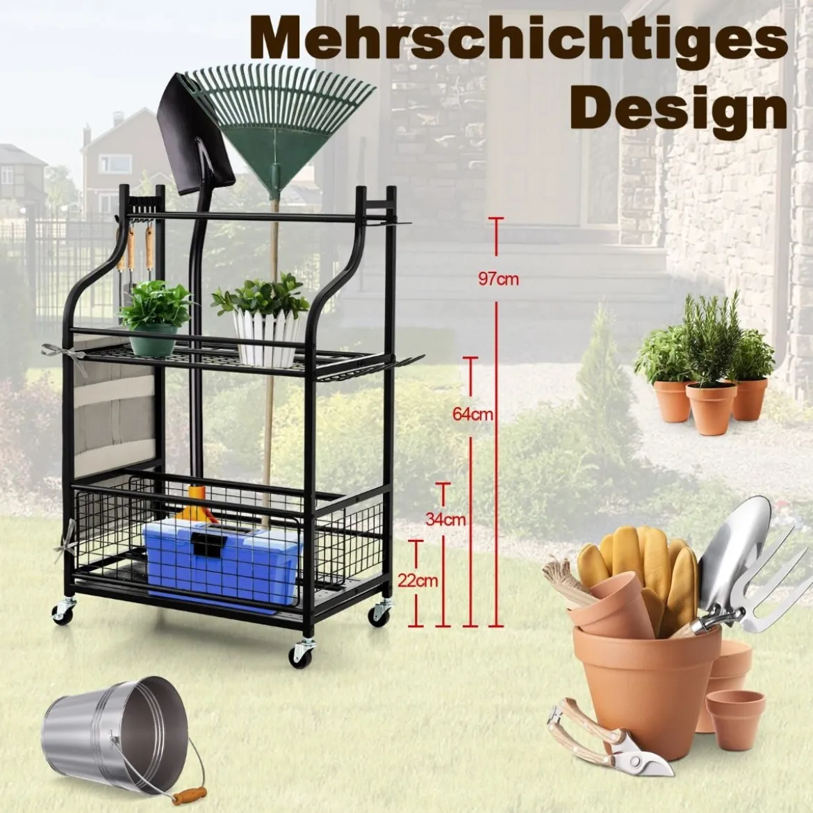 66 x 40 x 102 cm großer Werkzeughalter auf Rädern Werkzeugwagen für die Garage Geräteständer