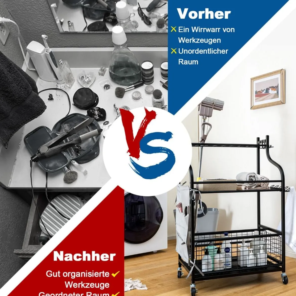 66 x 40 x 102 cm großer Werkzeughalter auf Rädern Werkzeugwagen für die Garage Geräteständer