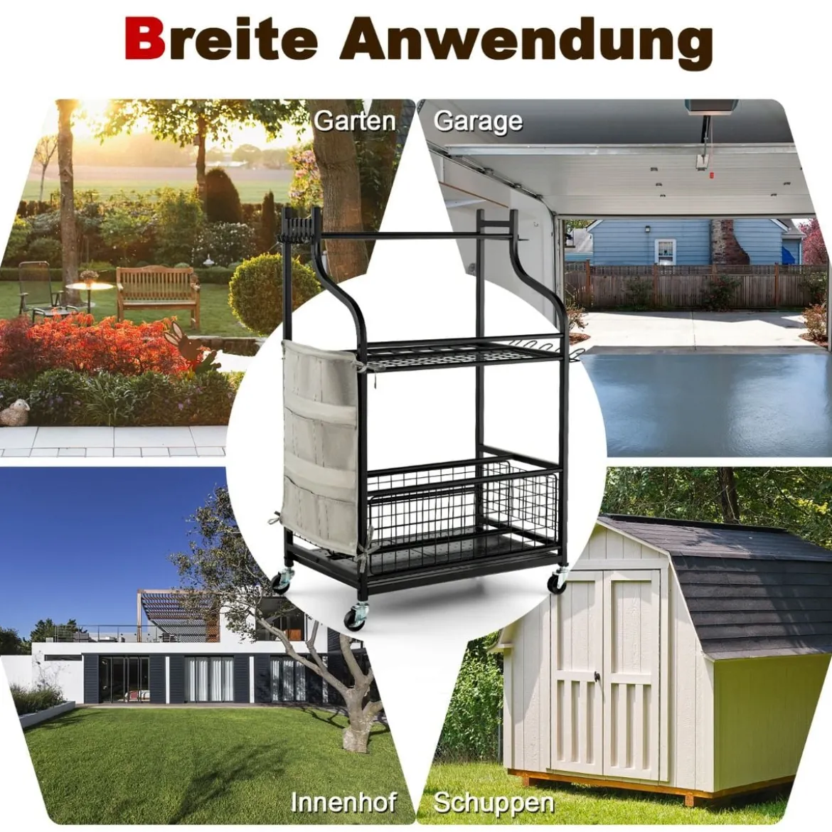 66 x 40 x 102 cm großer Werkzeughalter auf Rädern Werkzeugwagen für die Garage Geräteständer