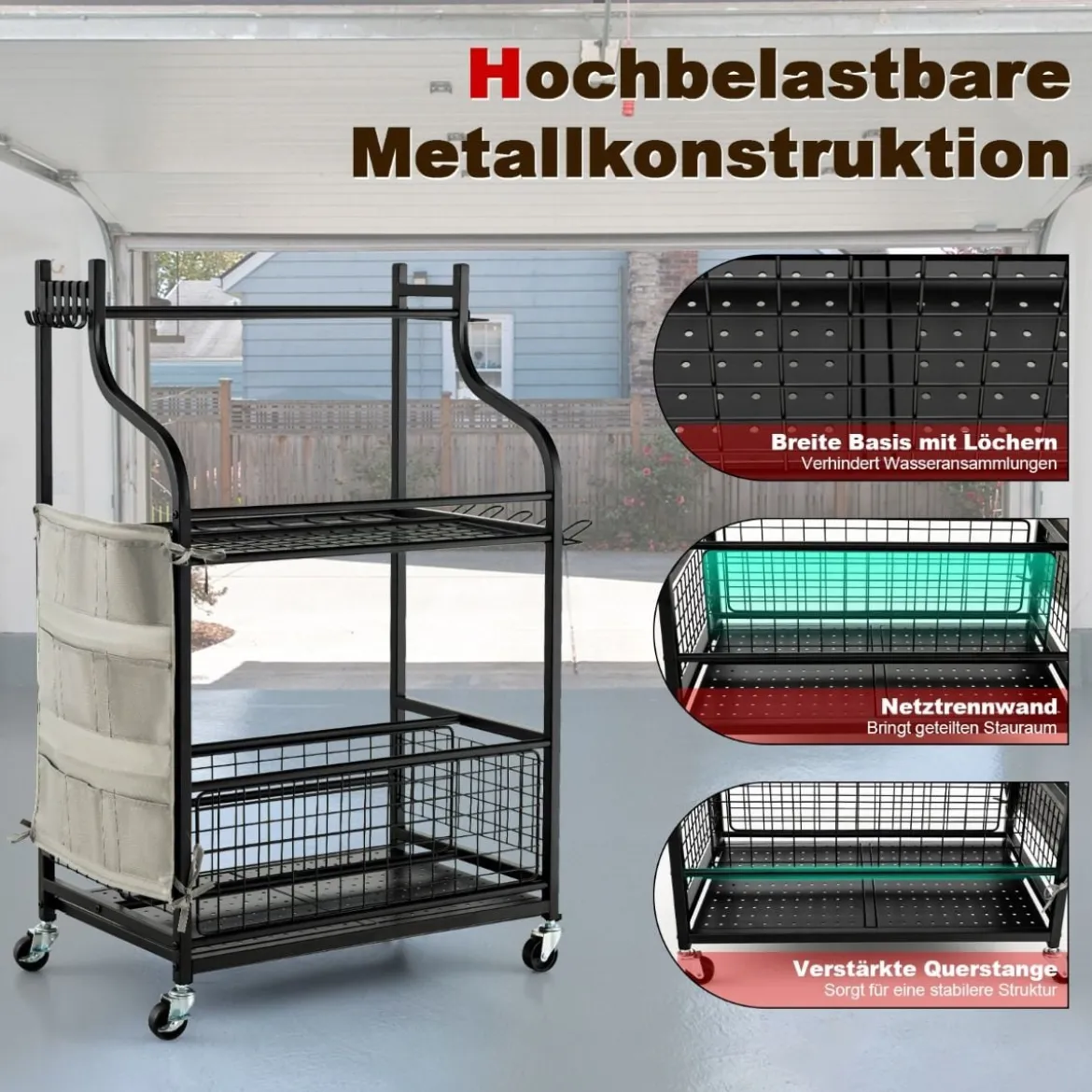 66 x 40 x 102 cm großer Werkzeughalter auf Rädern Werkzeugwagen für die Garage Geräteständer