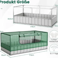 174 x 90 x 70 cm großes verzinktes Hochbeet mit Gewächshausabdeckung Grün und Silber