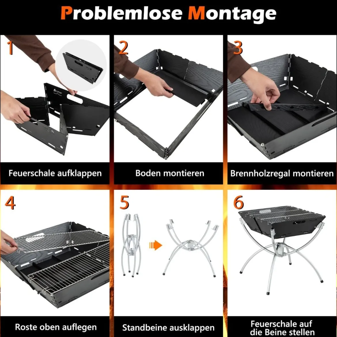 45 x 45 x 49 cm 3 in 1 Feuerstelle mit Edelstahlgrillrosten & Tragetasche & Handschuhen Campinggrill